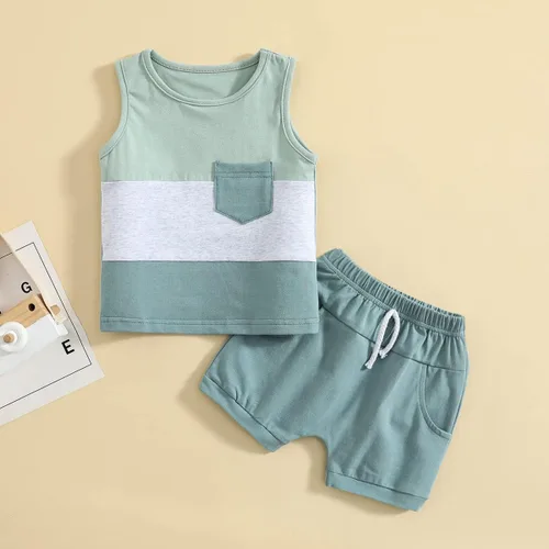 Vista 44 de Conjunto de ropa casual de manga corta con botones y pantalones cortos de lino para bebés y niños pequeños