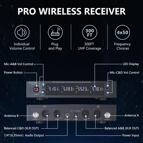 Vista 2 de Sistema de micrófono inalámbrico UHF de 4 canales con micrófonos de mano inalámbricos, frecuencias ajustables de 4 x 50, ideal para reuniones