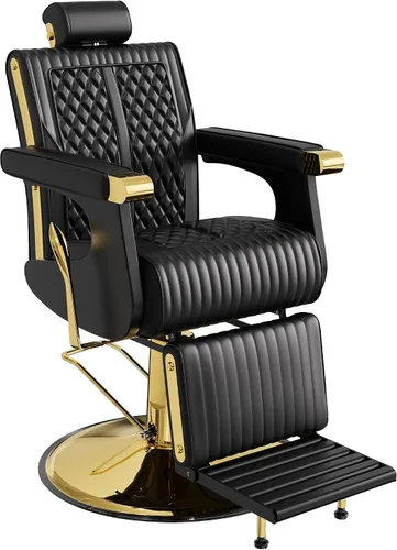 Vista 13 de Silla reclinable de barbero Baasha negra con ribete dorado en los reposabrazos, cómodo cojín de espuma viscoelástica, reposacabezas ajustable, base
