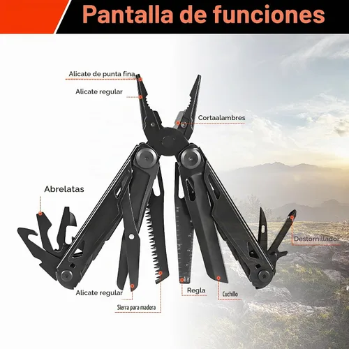 Vista 2 de Multiherramienta, multiherramienta de acero inoxidable 28 en 1 con cuchillo de bolsillo, alicates autobloqueantes, abrebotellas, herramienta Negro