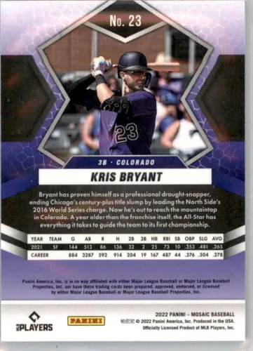 Vista 2 de Panini Mosaic #23 - Tarjeta de intercambio de béisbol de Kris Bryant Colorado Rockies 2022