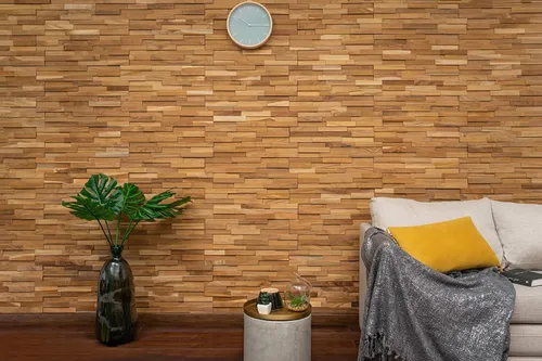 Vista 4 de WoodyWalls - Paneles de pared 3D Los tablones de madera están hechos de 100% teca Cada panel de madera está hecho a mano y es único Juego