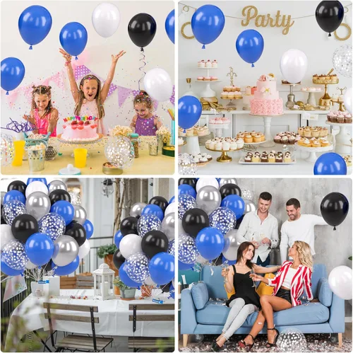 Vista 8 de Globos azules y negros, globos de graduación de 12 pulgadas, globo de látex de confeti azul oscuro, negro, blanco, plateado metálico, para niños