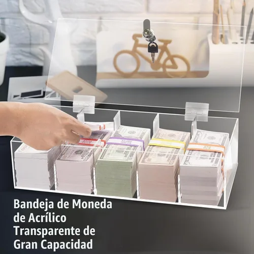 Vista 4 de Bandeja de monedas con bloqueo de acrílico con 300 envoltorios de moneda, 5 compartimentos, caja de almacenamiento de dinero transparente