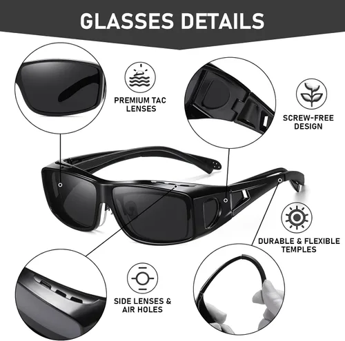 Vista 4 de Wzerry Gafas de sol polarizadas que se ajustan sobre los anteojos, protección UV envolvente para hombres y mujeres, conducción y actividades al aire