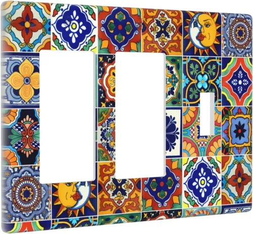 Vista 2 de Talavera - Azulejos mexicanos con 1 palanca, 2 placas de pared, placas de pared para decorar tomas de corriente, placa de interruptor decorativa