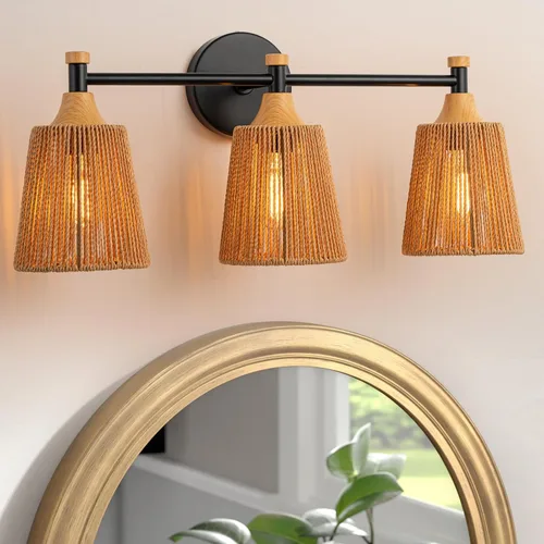 Vista 14 de Lámparas de baño bohemias, luces rústicas de tocador de 2 luces sobre el espejo, iluminación de ratán de granja con persianas tejidas a mano