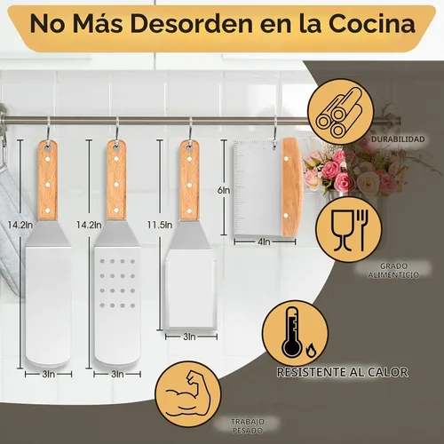 Vista 2 de HaSteeL - Juego de 4 espátulas de metal de acero inoxidable con mango remachado de madera, kit de accesorios de parrilla profesional para teppanyaki