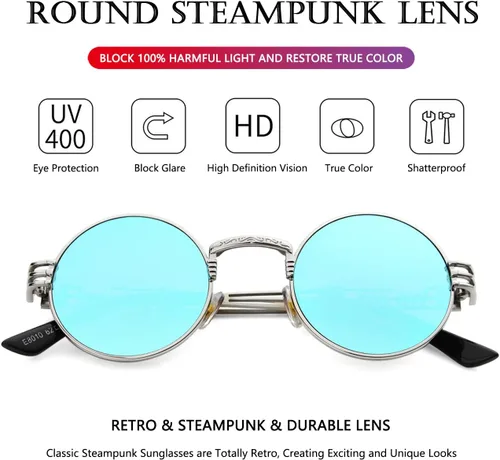 Vista 4 de AIEYEZO Gafas de sol redondas steampunk Circle Lennon Hippie, marco de metal, lente de bloqueo UV 100%
