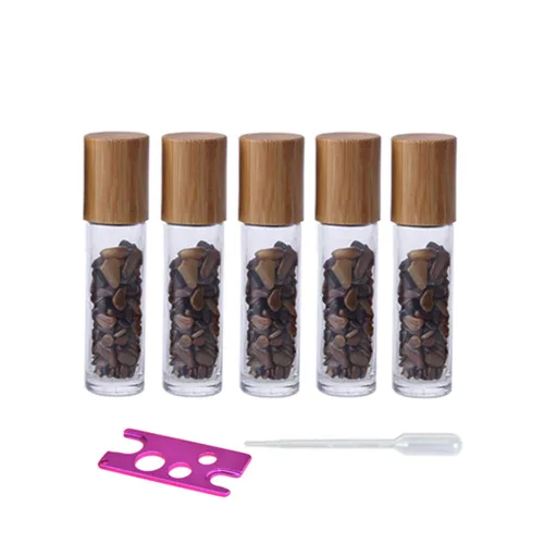 Vista 6 de Paquete de 5 botellas transparentes de 0.3 fl oz con chips de cristal de chakra naturales para aceites esenciales, botellas enrollables de vidrio