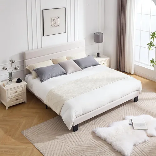 Vista 10 de Armazón de Cama de Plataforma Tamaño Full, Armazón de Cama con Cabecera de Tela Suave con Listones de Madera Resistentes – Moderno y Sin Ruido, Base