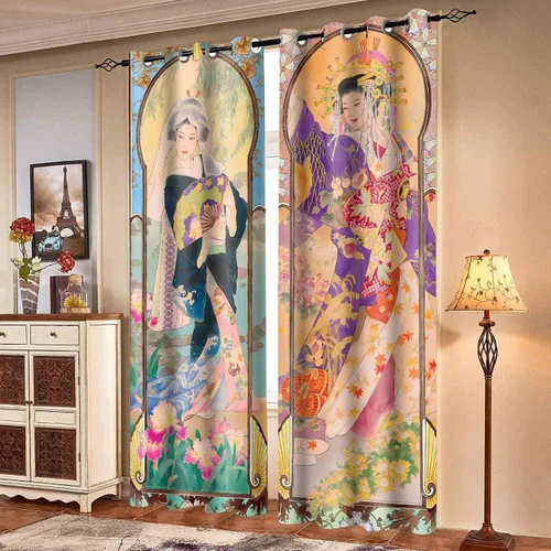Vista 3 de Art Nouveau - Cortinas opacas de geisha japonesa de verano, serie de temporada de otoño, cortina estilo pintura al óleo, montaje en flor de cerezo