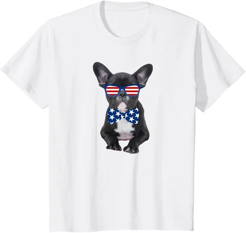 Vista 3 de Funny French Bulldog 4th de julio de Patriótico EE. UU. playera, niños 10, Blanco