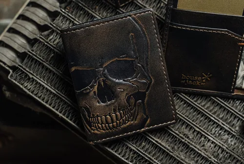 Vista 5 de HoJ Co. SKULL - Cartera delgada para tarjetas Funda plegable Cartera minimalista de bolsillo frontal Cuero de grano completo con acabado bruñido