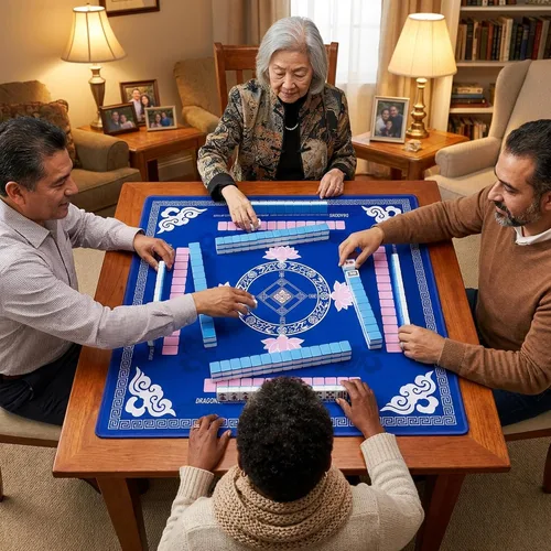 Vista 2 de Mahjong Mat para mesa con reglas 4 dados y bolsa 31.5 x 31.5 pulgadas, azul