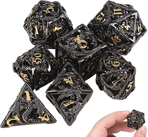 Vista 17 de Dados DND, dados de metal huecos D&D, juego de dados de mazmorras y dragones con caja de regalo, 7 piezas de juegos de dados poliédricos steampunk