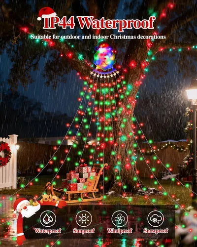 Vista 6 de Guirnalda de luces de cascada de Navidad para exteriores, luces de árbol de Navidad con 335 luces LED de 11.48 pies, 9 hebras, 8 modos