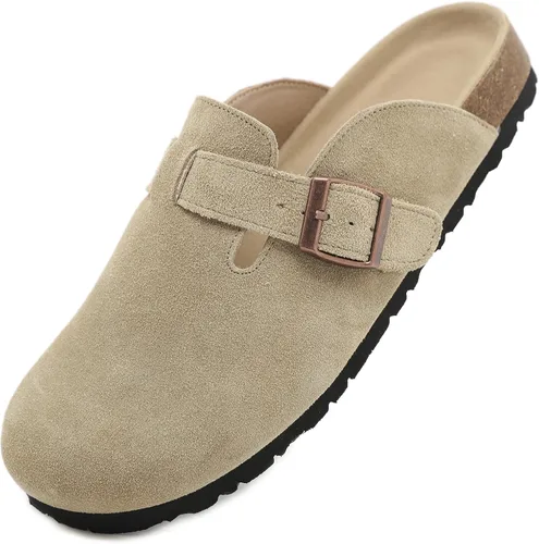 Vista 7 de Dumalum - Zuecos de ante para mujer y hombre - Sandalias ajustables con hebilla, plantilla de corcho, suelas antideslizantes - Zapatillas unisex