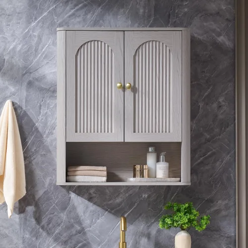Vista 7 de Gabinete de pared arqueado acanalado cuarto de baño, 23.6''W botiquín, gris Gris claro