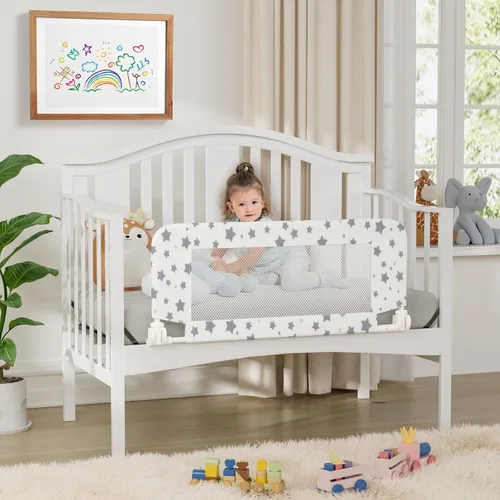 Vista 6 de NUTIKAS Protector de riel de cuna para niños pequeños, rieles de cama de 35.3 pulgadas, protector lateral de seguridad convertible con malla Blanco