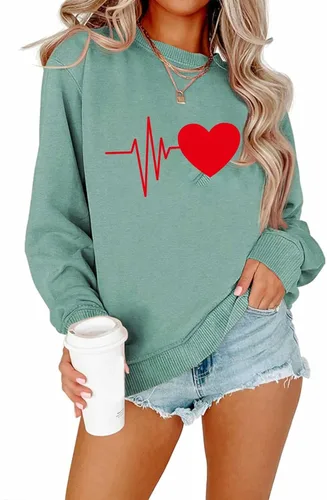 Vista 4 de Sudadera para el día de San Valentín para mujer, con estampado de corazón, cuello redondo, casual, manga larga, blusa