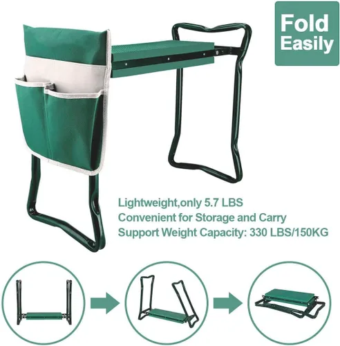 Vista 6 de Taburete plegable de jardín resistente con guantes de bolsillo extraíbles grandes y almohadilla de EVA suave para amantes de la jardinería