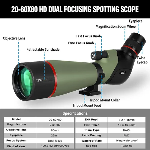 Vista 2 de Gosky 20-60X80 HD Telescopio Terrestre de Enfoque Dual, Prisma BAK4 Ocular Angular de 45 Grados con Trípode, Adaptador para Smartphone, Telescopio