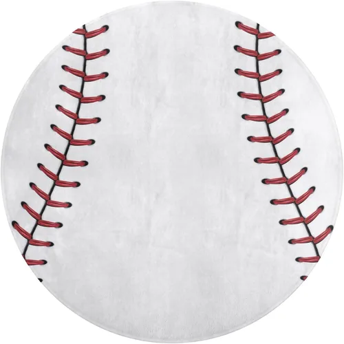 Vista 2 de Alfombra circular con cordones de béisbol con costuras de béisbol, alfombra redonda para decoración de habitación de niños y niños, 2 pies