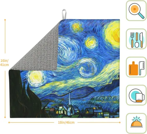 Vista 2 de Tapete de secado de platos de estilo azul amarillo de 18 x 16 pulgadas para encimeras, almohadilla escurridor de platos Blue Sky con lazo
