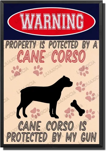 Vista 26 de LIUAXICIA Letreros divertidos de metal con texto en inglés "Warning Property is Potected by A American Bulldog is Protected by My Gun" The Coffee