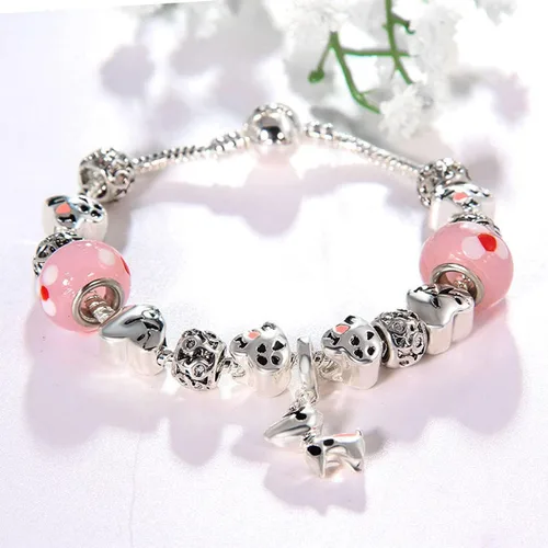 Vista 5 de Muerdou - Pulsera con dijes de mariposa y flor y cuentas de cristal de Murano para niñas y mujeres