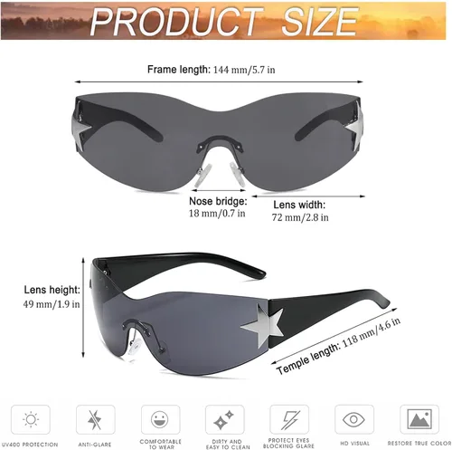 Vista 4 de Ibeauti Paquete de 24 gafas de sol Y2K Star sin montura envolventes futuristas ovaladas de una pieza para hombres y mujeres