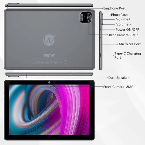 Vista 12 de WeTap Tablet Tablet Android de 10 pulgadas, tableta Android 12, 3 GB de RAM 64 GB ROM, cámara de 2 MP+8 MP, 1280 x 800 IPS, tabletas con procesador