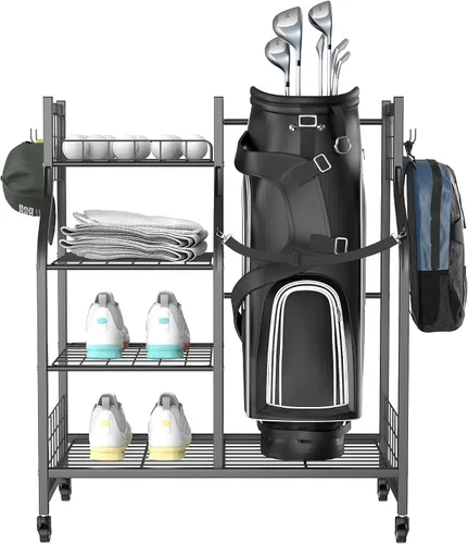 Vista 8 de WALMANN Soporte para bolsa de golf de garaje, almacenamiento grande para bolsas de golf con accesorios de golf, estantes de almacenamiento