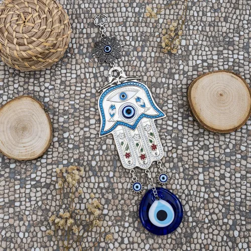 Vista 4 de Adorno colgante de pared de mano de madre Hamsa azul turco de Fátima contra el mal de ojo, amuleto de cuentas de nazar turco, regalo de amuleto