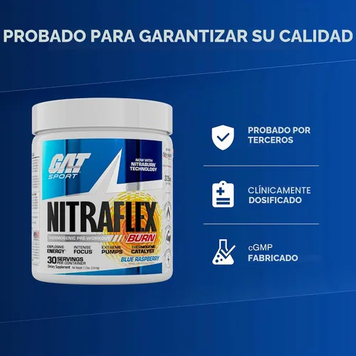 Vista 4 de GAT SPORT NITRAFLEX Burn, Frambuesa Azul, 7.23 oz (30 porciones)