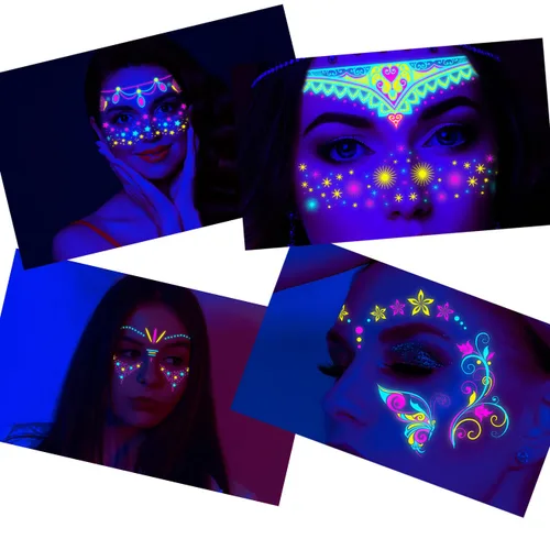 Vista 6 de Tatuajes faciales de neón que brillan en la oscuridad, tatuajes temporales con luz negra UV, calcomanías para cuerpo, cara, flores, tatuaje
