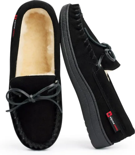 Vista 7 de Alpine Swiss Sabine - Pantuflas tipo mocasín para mujer, zapato de casa de gamuza auténtica, plantilla de espuma viscoelástica, piel de oveja Negro