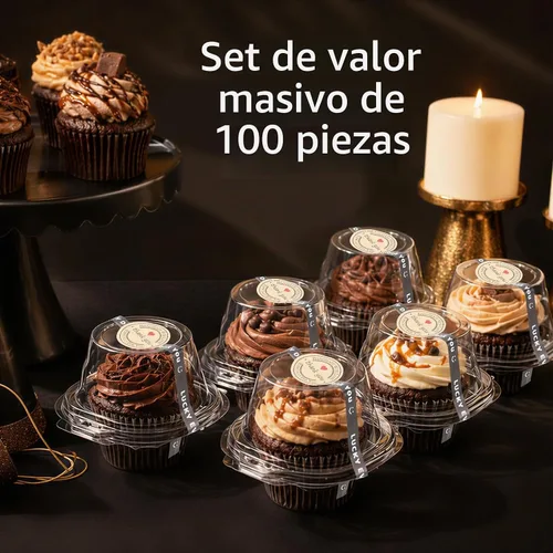 Vista 3 de Paquete de 100 recipientes individuales para cupcakes con calcomanías, cajas individuales de plástico transparente para cupcakes con tapas
