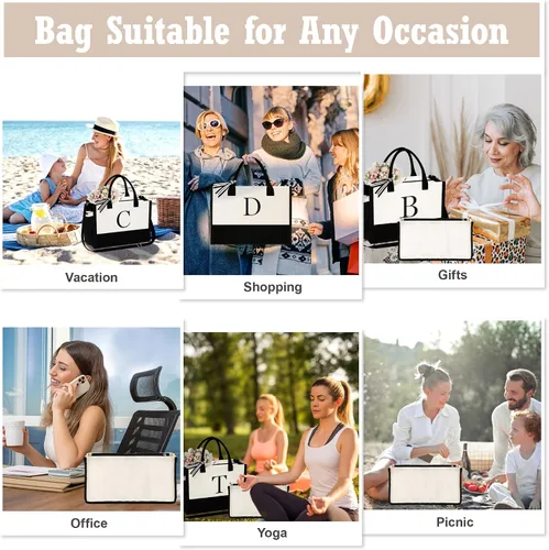 Vista 4 de YOOLIFE Regalos personalizados para mujer, bolsa de lona con monograma con organizador con cremallera, regalo de cumpleaños para mujeres, Blanco, B