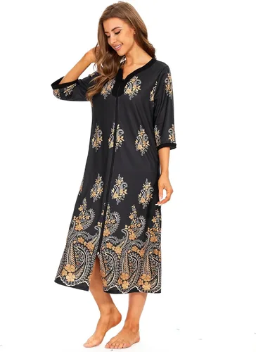 Vista 4 de Bloggerlove House Dresses for Womens Robe Long Zip Up House Coat Half Sleeve Night Gowns Comfy Sleepwear Print Loungewear
