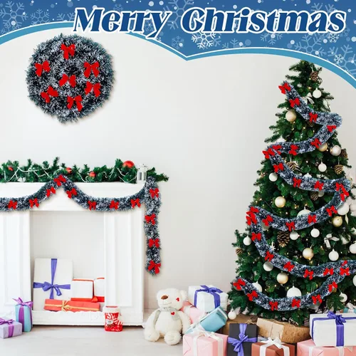 Vista 5 de Riceshoot Guirnalda de oropel de Navidad de 131.23 pies con lazo rojo metálico brillante colgante guirnalda para fiesta de Navidad, árbol, escalera