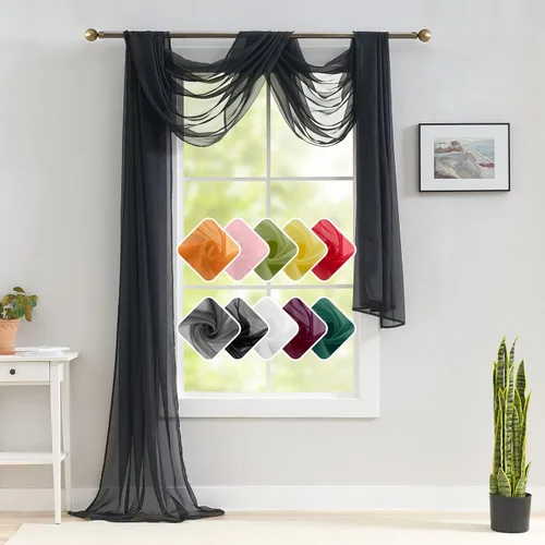 Vista 5 de Luvyohmee Cenefas de bufanda negras para ventanas, cenefa transparente de 144 pulgadas, cenefas transparentes para ventanas, tela para drapear