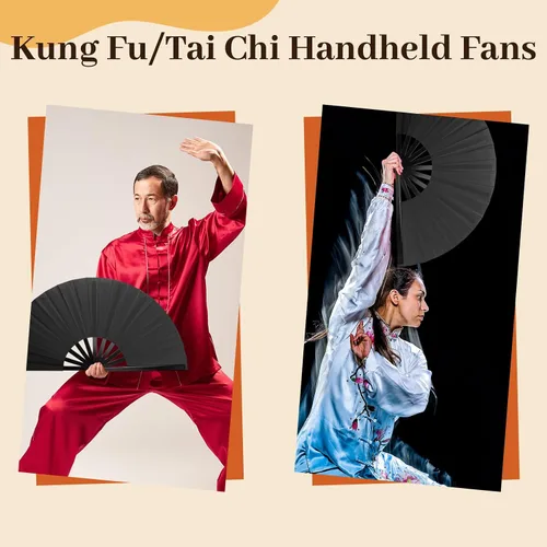Vista 4 de 5 ventiladores plegables chinos grandes para baile de línea, ventiladores de clacking para baile de línea, ventiladores de mano plegables, Negro