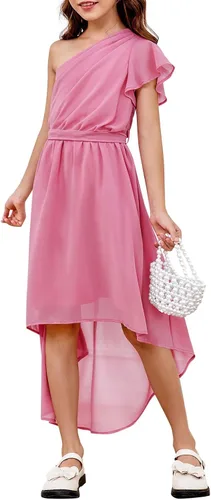 Vista 4 de rrhss Vestidos de flores para niñas con volantes de un hombro y vuelo, acampanado, sin mangas, lindos vestidos de fiesta de graduación de boda
