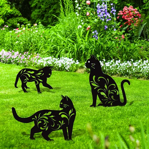 Vista 6 de URATOT Paquete de 3 estatuas de jardín de metal para gatos, silueta de gato negro, estacas decorativas para jardín al aire libre, estatuas