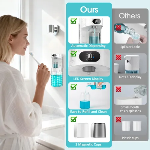 Vista 7 de Dispensador automático de enjuague bucal para baño, dispensador de enjuague bucal de 20.29 onzas, juego de accesorios de baño con tazas magnéticas