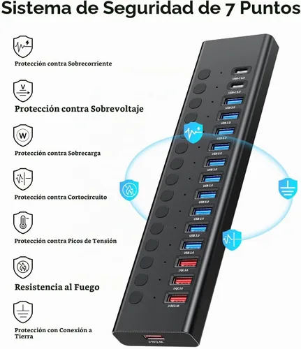 Vista 9 de Hub USB 3.0 alimentado, Splitter de Hub USB de 16 puertos (10 USB-A 3.0+2 QC 24W de carga rápida+2 de carga inteligente+2 puertos USB-C 3.0)