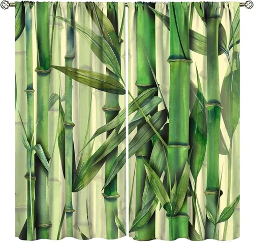 Vista 37 de Cortinas con estampado de bambú verde natural, plantas asiáticas, japonesas, tallos rústicos, hojas, cortina de selva con bolsillo para cortinero