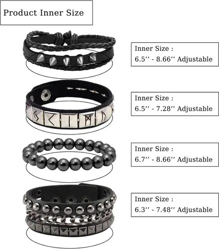 Vista 3 de Eigso Juego de 4 pulseras de cuero punk con tachuelas para hombres y mujeres, pulseras clásicas vikingas de los años 80 para hombre y mujer, Cuero